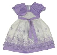 Bílo-levandulové společenské šaty s výšivkou a páskem Sunboree