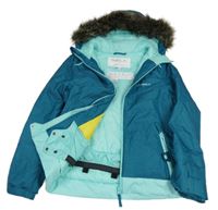 Petrolejoo-mátová vzorovaná šusťáková zimní lyžařská bunda s kapucí s kožešinou O´neill