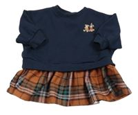 Tmavomodro-kostkované teplákovo/úpletové šaty s medvídkem a zajíčkem Next