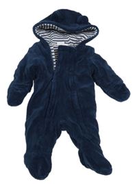 Tmavomodrá plyšová zateplená kombinéza s kapucňou s uškami BORNINO