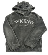 Tmavošedá plyšová mikina s nápisy a kapucí - kočička H&M