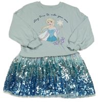 Světlemdrošedo-modré teplákovo/tylové šaty s Elsou a flitry M&S