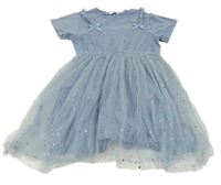 Světlemodré tylové šaty s hvězdičkami a měsíci a mašlemi