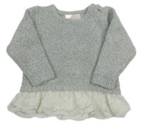 Svetlošedá -čierny melírovaný sveter s bielým čipkovým volánikom early days