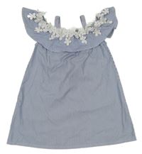 Námořnicky modro-bílé pruhované letní šaty s volánkem s 3D květy OVS