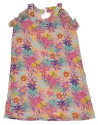 Svetloružové šifónové šaty s kvietkami a lístečky a volánikmi GIRLS