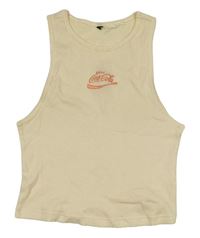 Krémový rebrovaný crop top s nápisem - Coca Cola