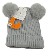 Nové - Šedá žebrovaná pletená čepice s bambulemi Primark