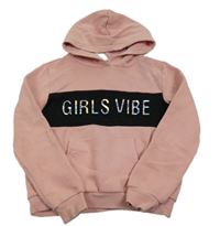 Starorůžovo-čierna mikina s 3D nápisom a kapucňou zn. C&A