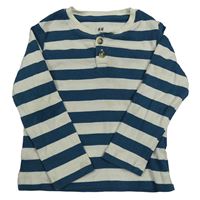 Smetanovo-petrolejové pruhované žebrované triko s knoflíky H&M