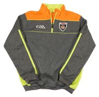 Tmavošedo-neónově oranžovo-žltá športová mikina s nášivkou