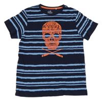 Tmavomodro-modré pruhované tričko s lebkou Topolino