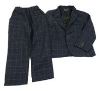 2set - Tmavomodro-hnedé kockované slávnostné sako + chino nohavice