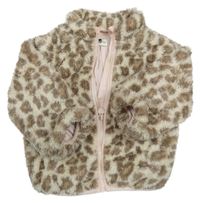 Béžovo-hnědá kožešinová podšitá bunda s leopardím vzorem F&F