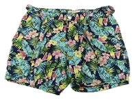 Tmavomodro-zeleno-žlté plátenné kraťasy s papoušky a opaskom H&M
