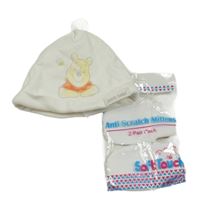 3 set - 2x bílé bavlněné rukavice + smetanová čepice s Púem 