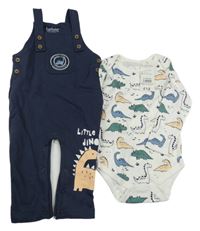 2 set - bílé body s dinosaury + tmavomodré laclové tepláky s dinem Peacocks
