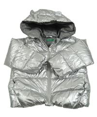 Stříbrná šusťáková zimní bunda s kapucí Benetton