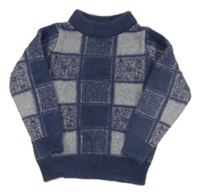 Sivo-tmavomodrý kockovaný sveter