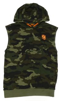 Kaki-čierna army tepláková vesta s potlačou a kapucňou F&F