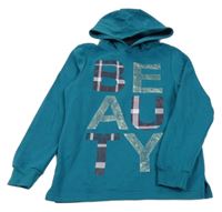 Petrolejová mikina s nápisom a kapucňou Y.F.K.