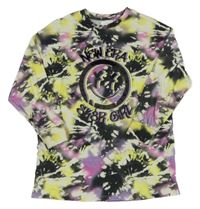 Čierno-fialovo-žlté batikované tričko s nápismi a smajlíkom Next