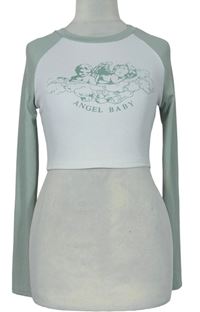 Dámske bílo-světlekhaki rebrované crop tričko s andílky Shein