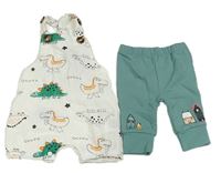2set- bílé mušelínové laclové kraťasy s dinosaury+ zelené tepláky s domy