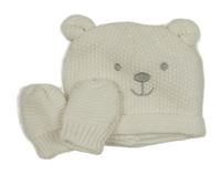 2set - Biela podšitá čapica s medvídkem + rukavice George