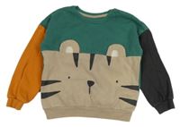 Tmavozeleno-béžová oversize mikina s tygrem a barevnými rukávy George