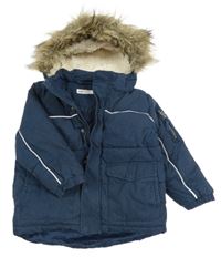 Tmavomodrá šusťáková zimní bunda s kapucí s kožešinou H&M