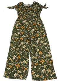Khaki kvetovaný nohavicový overal