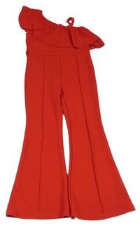 Červený flare kalhotový overal s volánkem 