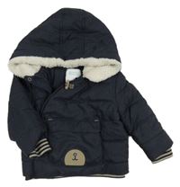 Tmavomodrá šusťáková prošívaná zimní bunda s kapucí Obaibi