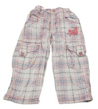 Bielo-ružovo-modré kockované plátenné crop nohavice s vreckami DopoDopo