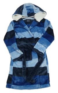 Modro-tmavomodrý pruhovaný chlupatý župan s kapucí Primark