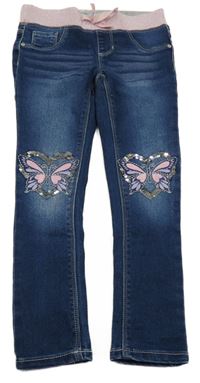 Tmavomodré džegíny s úpletovým pasem a motýlky Blue Ink 