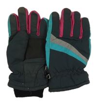 Tmavošedo-růžovo-tyrkysové šusťákové zimní prstové rukavice Yiggaq