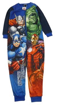 Nové - Tmavomodro-modrý fleecový overal s hrdiny Marvel
