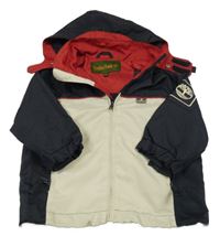 Béžovo-tmavmodro-červená šusťáková jarní bunda s odepínací kapucí 