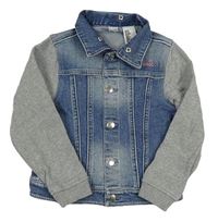Modrá rifľová crop bunda s Minnie a sivymi teplákovymi rukávy H&M