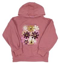 Starorůžová mikina s květy a flitry a kapucí PRIMARK