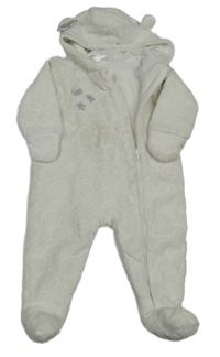 Biela vzorovaná plyšová podšitá kombinéza so striebornymi obrázky a kapucňou s uškami Ergee