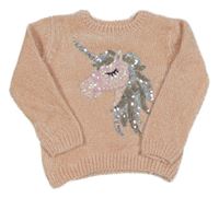 Světlerůžový melírovaný žinylkový crop svetr s jednorožcem z flitrů PRIMARK