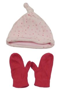 2Set - světlerůžová sametová čepice s hvězdičkami early days + malinové palcové rukavice X-MAIL