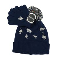 Nové - 2Set - Tmavomodrá pletená čepice s dinosaury a bambulí + prstové rukavice Originals