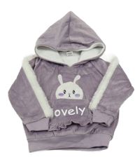 Fialovo-biela plyšovo/chlupatá podšitá mikina so zajačikom a vreckom a kapucňou