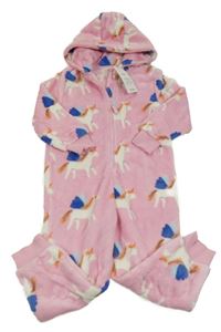 Nové - růžová plyšová kombinéza s jednorožci a kapucí M&S