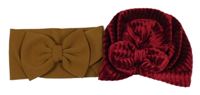 2Set - Hnědá vzorovaná čelenka s mašlí + tmavočervená žebrovaná sametová turbanová čepice s mašlí