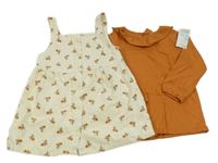 Nové - 2Set - Smetanové manšestrové propínací šaty s kytičkami + cihlové triko s volánkem PRIMARK